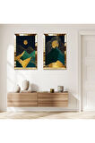 GOLD AYNALI PLEKSİ ÇERÇEVELİ SOYUT GECE DAĞ MANZARALI MODERN İKİLİ MDF TABLO SETİ