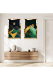 GOLD AYNALI PLEKSİ ÇERÇEVELİ SOYUT GECE DAĞ MANZARALI DEKORATİF İKİLİ MDF TABLO SETİ