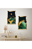 GOLD AYNALI PLEKSİ ÇERÇEVELİ SOYUT GECE DAĞ MANZARALI DEKORATİF İKİLİ MDF TABLO SETİ