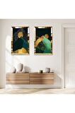 GOLD AYNALI PLEKSİ ÇERÇEVELİ SOYUT GECE DAĞ MANZARALI İKİLİ MDF TABLO SETİ