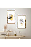 GOLD AYNALI PLEKSİ ÇERÇEVELİ MODERN BEYAZ ARKA PLANLI ÇİÇEK İKİLİ MDF TABLO SETİ