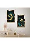 GOLD AYNALI PLEKSİ ÇERÇEVELİ SİYAH ARKA PLANLI MODERN GÜL İKİLİ MDF TABLO SETİ