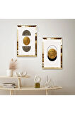 GOLD AYNALI PLEKSİ ÇERÇEVELİ MODERN BEYAZ ARKA PLANLI SOYUT ŞEKİLLER İKİLİ MDF TABLO SETİ