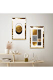 GOLD AYNALI PLEKSİ ÇERÇEVELİ DEKORATİF BEYAZ ARKA PLANLI SOYUT ŞEKİLLER İKİLİ MDF TABLO SETİ