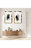 GOLD AYNALI PLEKSİ ÇERÇEVELİ BEYAZ ARKA PLANLI MODERN FIRÇA İZLERİ İKİLİ MDF TABLO SETİ