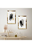 GOLD AYNALI PLEKSİ ÇERÇEVELİ BEYAZ ARKA PLANLI MODERN FIRÇA İZLERİ İKİLİ MDF TABLO SETİ