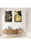 GOLD AYNALI PLEKSİ ÇERÇEVELİ SİYAH ARKA PLANLI GOLD ÇİÇEKLER İKİLİ MDF TABLO SETİ
