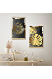 GOLD AYNALI PLEKSİ ÇERÇEVELİ SİYAH ARKA PLANLI GOLD ÇİÇEKLER İKİLİ MDF TABLO SETİ