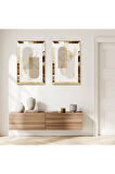 GOLD AYNALI PLEKSİ ÇERÇEVELİ BEYAZ ARKA PLANLI MODERN SOYUT ŞEKİLLER DEKORATİF İKİLİ MDF TABLO SETİ