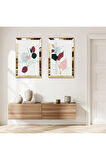 GOLD AYNALI PLEKSİ ÇERÇEVELİ BEYAZ ARKA PLANLI PEMBE ÇİÇEKLER İKİLİ MDF TABLO SETİ