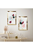 GOLD AYNALI PLEKSİ ÇERÇEVELİ BEYAZ ARKA PLANLI PEMBE ÇİÇEKLER İKİLİ MDF TABLO SETİ