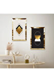 GOLD AYNALI PLEKSİ ÇERÇEVELİ SİYAH ARKA PLANLI MODERN DEKORATİF ŞEKİLLER İKİLİ MDF TABLO SETİ