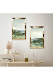 GOLD AYNALI PLEKSİ ÇERÇEVELİ YEŞİL MODERN DENİZ MANZARALI İKİLİ MDF TABLO SETİ
