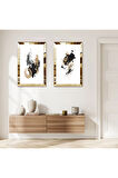 GOLD AYNALI PLEKSİ ÇERÇEVELİ BEYAZ ARKA PLANLI MODERN SOYUT FIRÇA İZLERİ İKİLİ MDF TABLO SETİ