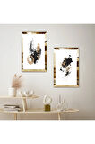 GOLD AYNALI PLEKSİ ÇERÇEVELİ BEYAZ ARKA PLANLI MODERN SOYUT FIRÇA İZLERİ İKİLİ MDF TABLO SETİ