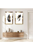 GOLD AYNALI PLEKSİ ÇERÇEVELİ BEYAZ ARKA PLANLI SOYUT FIRÇA İZLERİ İKİLİ MDF TABLO SETİ