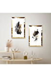 GOLD AYNALI PLEKSİ ÇERÇEVELİ BEYAZ ARKA PLANLI SOYUT FIRÇA İZLERİ İKİLİ MDF TABLO SETİ