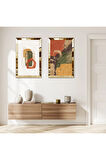 GOLD AYNALI PLEKSİ ÇERÇEVELİ BEYAZ ARKA PLANLI MODERN TURUNCU SOYUT ŞEKİLLER İKİLİ MDF TABLO SETİ