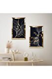 GOLD AYNALI PLEKSİ ÇERÇEVELİ SİYAH ARKA PLANLI MODERN BEYAZ ÇİZGİLER İKİLİ MDF TABLO SETİ