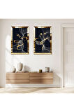 GOLD AYNALI PLEKSİ ÇERÇEVELİ SİYAH ARKA PLANLI BEYAZ ÇİZGİLER İKİLİ MDF TABLO SETİ