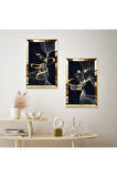 GOLD AYNALI PLEKSİ ÇERÇEVELİ SİYAH ARKA PLANLI BEYAZ ÇİZGİLER İKİLİ MDF TABLO SETİ