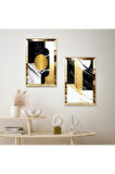 GOLD AYNALI PLEKSİ ÇERÇEVELİ BEYAZ ARKA PLANLI GOLD VE SİYAH DESENLER İKİLİ MDF TABLO SETİ