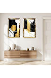 GOLD AYNALI PLEKSİ ÇERÇEVELİ BEYAZ ARKA PLANLI GOLD VE SİYAH DESENLER İKİLİ MDF TABLO SETİ