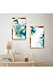 GOLD AYNALI PLEKSİ ÇERÇEVELİ BEYAZ ARKA PLANLI SU YEŞİLİ SOYUT DESENLİ İKİLİ MDF TABLO SETİ