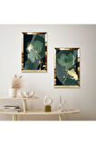 GOLD AYNALI PLEKSİ ÇERÇEVELİ YEŞİL SOYUT DEKORATİF GÜL İKİLİ MDF TABLO SETİ