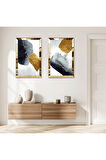 GOLD AYNALI PLEKSİ ÇERÇEVELİ BEYAZ ARKA PLANLI SİYAH VE GOLD SOYUT ŞEKİLLER İKİLİ MDF TABLO SETİ