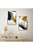 GOLD AYNALI PLEKSİ ÇERÇEVELİ BEYAZ ARKA PLANLI SİYAH VE GOLD SOYUT ŞEKİLLER İKİLİ MDF TABLO SETİ