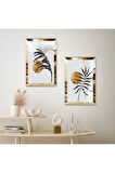 GOLD AYNALI PLEKSİ ÇERÇEVELİ BEYAZ ARKA PLANLI DEKORATİF BİTKİ VE GÜNEŞ İKİLİ MDF TABLO SETİ