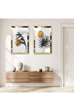 GOLD AYNALI PLEKSİ ÇERÇEVELİ BEYAZ ARKA PLANLI MODERN BİTKİ VE GÜNEŞ İKİLİ MDF TABLO SETİ