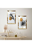 GOLD AYNALI PLEKSİ ÇERÇEVELİ BEYAZ ARKA PLANLI MODERN BİTKİ VE GÜNEŞ İKİLİ MDF TABLO SETİ