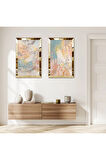 GOLD AYNALI PLEKSİ ÇERÇEVELİ RENKLİ ARKA PLANLI DEKORATİF SOYUT DESENLER İKİLİ MDF TABLO SETİ