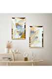 GOLD AYNALI PLEKSİ ÇERÇEVELİ AÇIK MAVİ ARKA PLANLI MODERN İKİLİ MDF TABLO SETİ