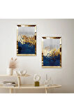 GOLD AYNALI PLEKSİ ÇERÇEVELİ MAVİ GOLD VE BEYAZ ARKA PLANLI DEKORATİF İKİLİ MDF TABLO SETİ