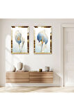 GOLD AYNALI PLEKSİ ÇERÇEVELİ MAVİ SOYUT ÇİÇEK MODERN İKİLİ MDF TABLO SETİ
