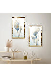 GOLD AYNALI PLEKSİ ÇERÇEVELİ MAVİ SOYUT ÇİÇEK DEKORATİF İKİLİ MDF TABLO SETİ