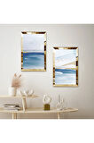 GOLD AYNALI PLEKSİ ÇERÇEVELİ DENİZ MANZARALI MODERN İKİLİ MDF TABLO SETİ