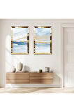GOLD AYNALI PLEKSİ ÇERÇEVELİ SOYUT DENİZ MANZARALI İKİLİ MDF TABLO SETİ