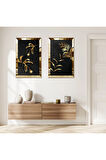 GOLD AYNALI PLEKSİ ÇERÇEVELİ SİYAH ARKA PLANLI SOYUT GOLD ÇİÇEK İKİLİ MDF TABLO SETİ