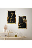 GOLD AYNALI PLEKSİ ÇERÇEVELİ SİYAH ARKA PLANLI SOYUT GOLD ÇİÇEK İKİLİ MDF TABLO SETİ