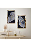 GOLD AYNALI PLEKSİ ÇERÇEVELİ SİYAH ARKA PLANLI GRİ SOYUT ŞEKİLLİ MODERN İKİLİ MDF TABLO SETİ