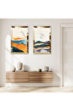 GOLD AYNALI PLEKSİ ÇERÇEVELİ DAĞIN ÜSTÜNDE UÇAN KUŞLAR DEKORATİF KİLİ MDF TABLO SETİ