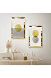 GOLD AYNALI PLEKSİ ÇERÇEVELİ BEYAZ ARKA PLANLI DEKORATİF YUVARLAKLAR İKİLİ MDF TABLO SETİ
