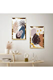 GOLD AYNALI PLEKSİ ÇERÇEVELİ BEYAZ ARKA PLANLI DEKORATİF SOYUT BİTKİ İKİLİ MDF TABLO SETİ