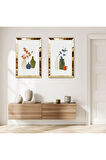 GOLD AYNALI PLEKSİ ÇERÇEVELİ BEYAZ ARKA PLANLI RENKLİ VAZOLAR İKİLİ MDF TABLO SETİ