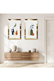 GOLD AYNALI PLEKSİ ÇERÇEVELİ BEYAZ ARKA PLANLI MODERN RENKLİ VAZOLAR İKİLİ MDF TABLO SETİ