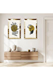 GOLD AYNALI PLEKSİ ÇERÇEVELİ BEYAZ ARKA PLANLI SOYUT BİTKİ İKİLİ MDF TABLO SETİ